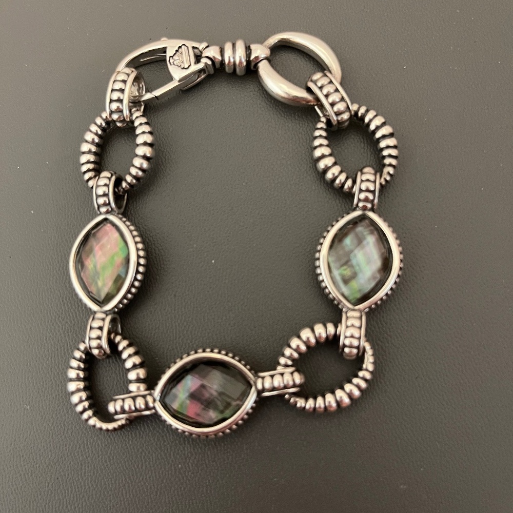 Lagos Sterling Silver, Crystal & Mother of Pearl Oval Link Bracelet Size 7 3/4"
